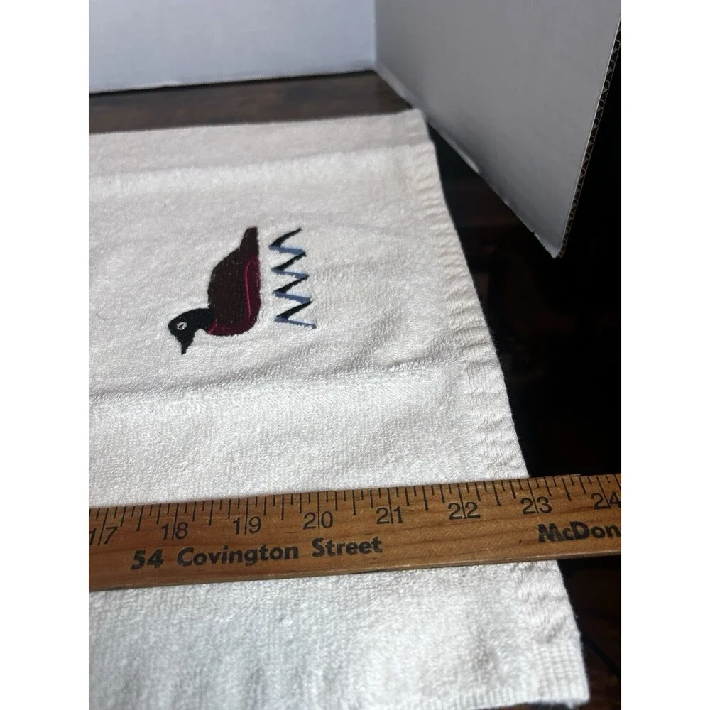 Vintage Beige Embroidered Duck Loon Hand Towels Set-2 Cannon Mills USA Cotton